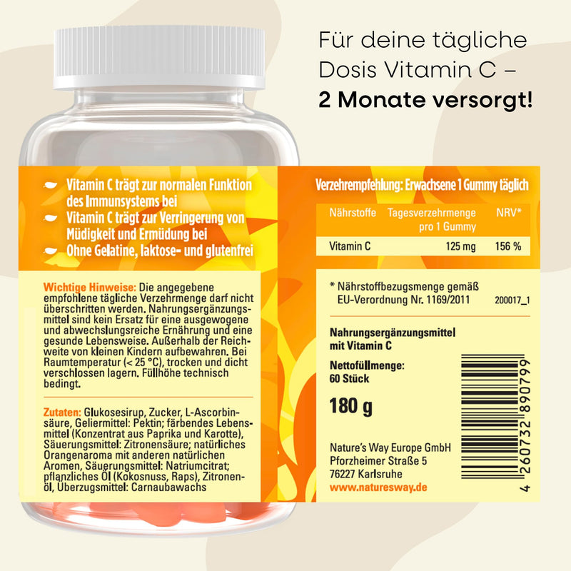 [Australia] - Vitamin C gummy bears for adults I High-dose vitamin C gummies with 125mg I Vegan gluten & lactose-free gummy bears to strengthen the immune system, form collagen and combat fatigue I 60 pieces 