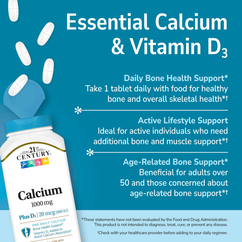 21st Century Calcium 1000mg Plus D3 Tablets, Bone Health, 90 Count | Calcium 1000 mg with Vitamin D3 20 mcg (800 IU), Bone Strength & Density Support, Daily Supplement for Men & Women Unflavored 90 Count (Pack of 1)