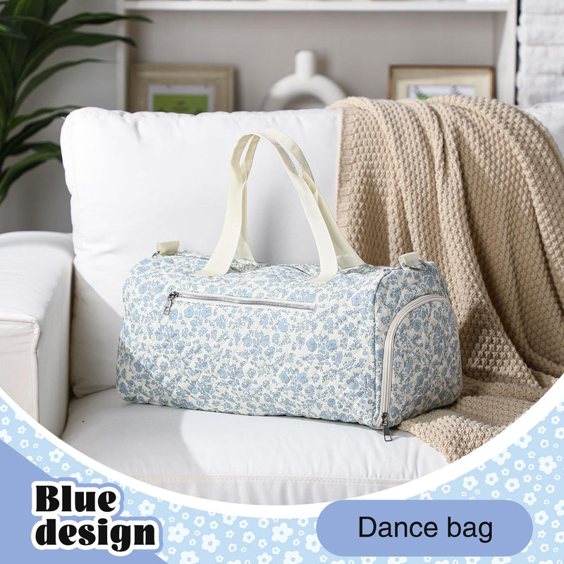 Dansydaisy Blue Floral Quilted Duffle Bag for Women Cotton Large Floral Travel Duffle Dance Bag with Adjustable Carry Strap and Handy Pouch Backpack for Dancers Travel