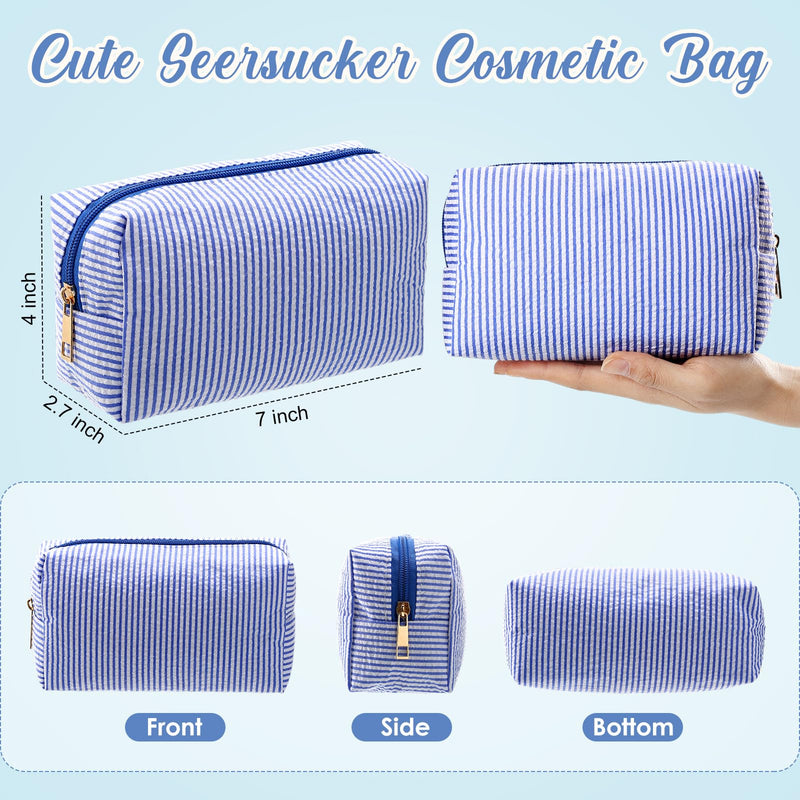 Sanwuta 12 Pcs Seersucker Cosmetic Bags Bulk, Striped Zippered,Blue | Makeup Bags Women Pouch, Large Preppy Storage Toiletry Travel Pouch for Wedding Bridesmaid Bride Favor Back to Teacher Gift Blue 1