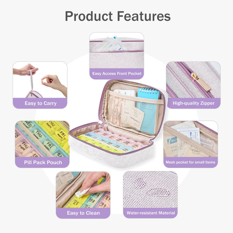 Weekly Travel Pill Organizer 3 Times A Day Pill Case for Purse with Removable 7 Day Pill Box Holder,Cute Medication Organizer Pill Container for Medicine, Vitamin, Fish Oils,Supplement(Purple, Large) Purple 03