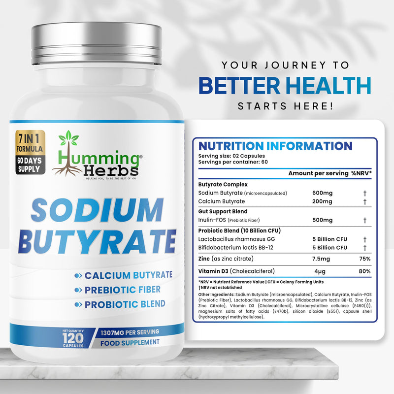 Humming Herbs Sodium Butyrate Supplement 120 caps with Calcium Butyrate, Inulin FOS, Zinc,Vitamin D3 and 10 Billion CFU Probiotics