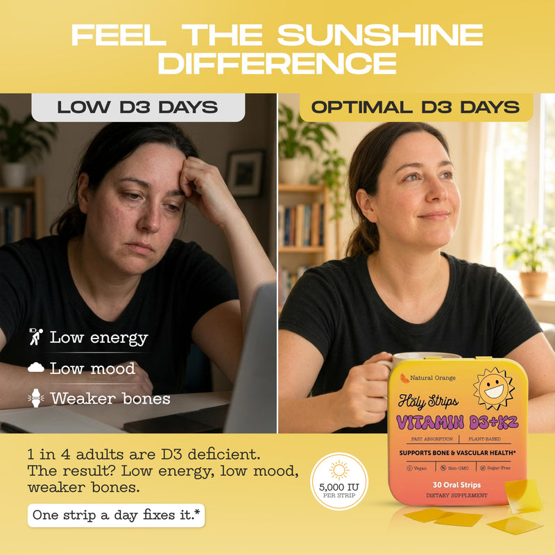 Vitamin D3 K2 Supplement 5000 IU - Fast-Absorbing Oral Strips for Bone & Heart Health - Vitamin D K2 Plant-Based Formula - D3K2 - High-Potency Vitamina D3 con K2- Non GMO - Sugar-Free (30 Count)