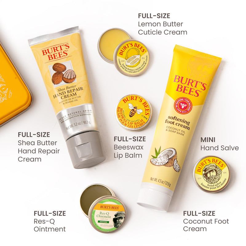 Burt's Bees Classics Gift Set, 6 Products in Giftable Tin | Cuticle Cream, Hand Salve, Lip Balm, Res-Q Ointment, Hand Repair and Foot Cream, Skin Care Essentials Classics Set 6 Piece Set