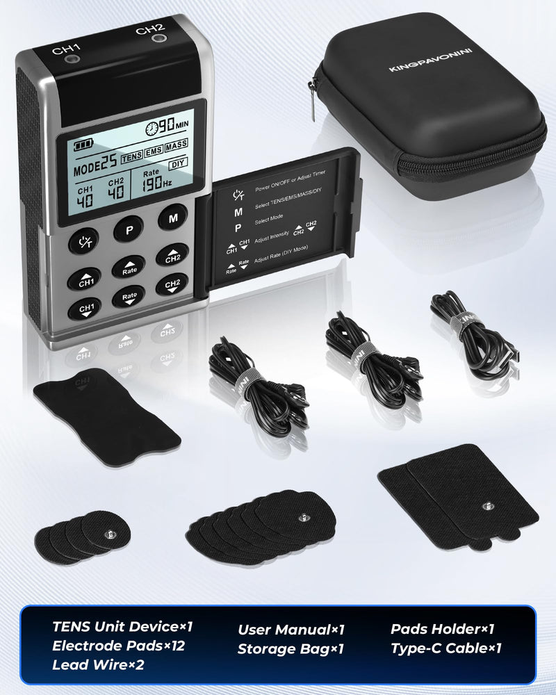 TENS Unit Muscle Stimulator, Rate DIY 1-199Hz, Model B2501 | A/B Channel TENS Machine, 40 Intensities for Back Sciatica Pain Relief, Storage Case, 12 Pads, Home Travel Gift for Dad Mom Grey