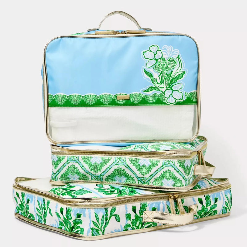 Lilly Pulitzer Packing Cubes Set of 3, Swayin in the Breeze | Resort Ready Polyester & Mesh Suitcase Luggage Organizers in 3 Sizes with Metallic Leatherette Trim & Handles for Travel