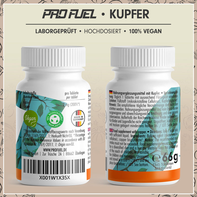 [Australia] - Copper tablets 365x with 2 mg copper made from high-quality copper bisglycinate - optimally high dosage - free of unwanted additives - laboratory tested with certificate - annual supply - 100% vegan 1x 365 tablets 
