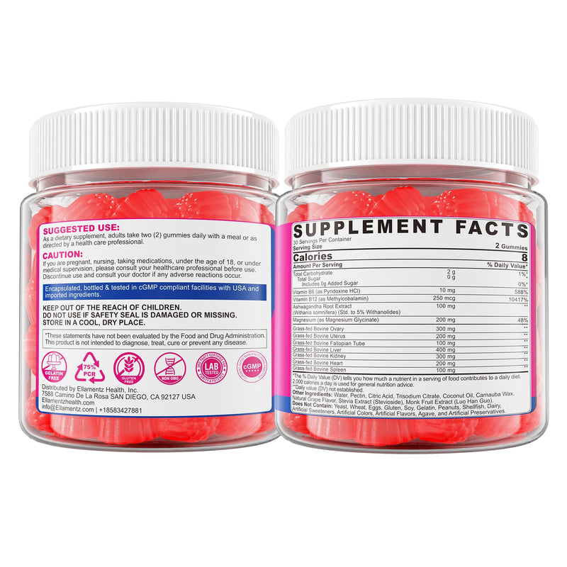 Beef Organ Supplement for Women- Grass Fed Beef Liver Gummies, Sugar Free | Grass-Fed Liver, Heart,Kidney, Spleen, Uterus,Ovary, Fallopian Tube, Magnesium for Energy, Cortisol & Hormone Balance, 2Pack