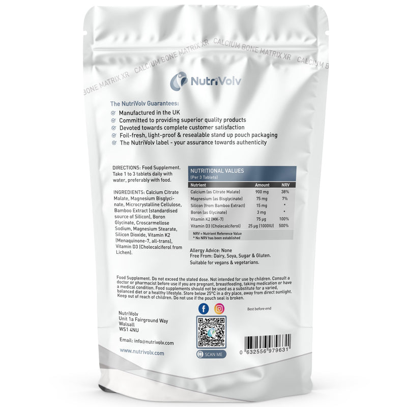 Calcium Matrix XR Complex | 90 Vegan Tablets | Calcium Citrate Malate, Magnesium Bisglycinate, K2 MK-7, D3, Boron & Silicon | Premium Bone & Muscle Support | 30 Days Supply | UK Made | by NutriVolv