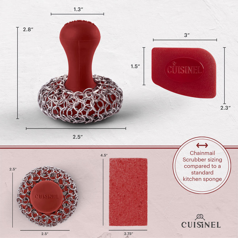 [Australia] - Cuisinel Cast Iron Chainmail Scrubber + Pan Scraper - The Patented Original Ergonomic Stainless & Silicone Pot & Skillet Cleaner - Premium Food-Safe Design - Easy Clean Dishwasher Safe Cookware Sponge Standard Red Chainmail + Scraper 