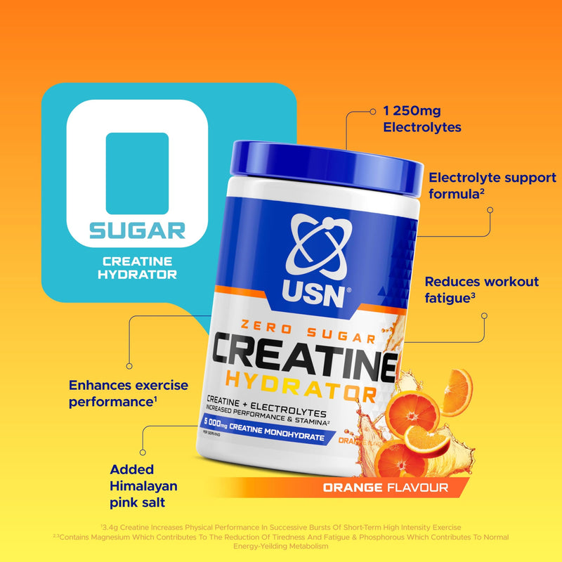 USN Creatine Hydrator Powder | Creatine Monohydrate with Electrolytes | Hydration, Strength & Performance Support | Intra Workout for Endurance & Recovery | 330g (30 Servings) | Orange