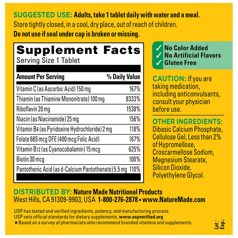 Nature Made Super B Complex with Vitamin C & Folic Acid, 360 Tablets | B Complex Vitamins for Women and Men, Dietary Supplement for Immune Support, Gluten Free, 360 Day Supply 360 Count (Pack of 1)