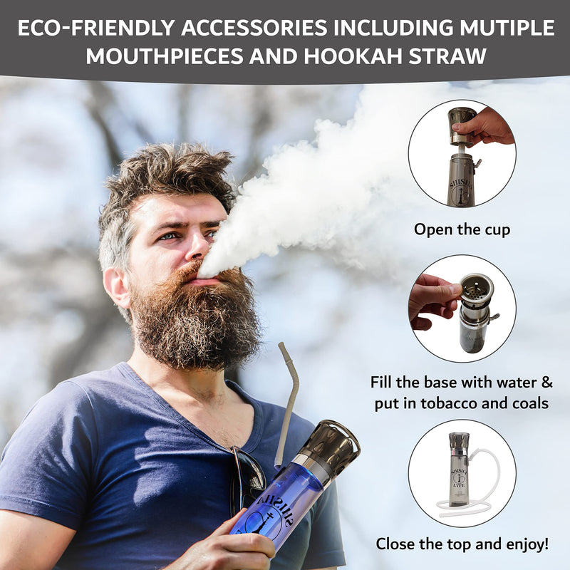 [Australia] - Portable Hookah Mini Cup Set - Transparent (Grey) Shisha for Car & Hookups with LED Lights, Silicone Hose Pipe, Anti-Scald, Charcoal Holder, Tongs, Reusable Straw, Case Cover Protection Grey 