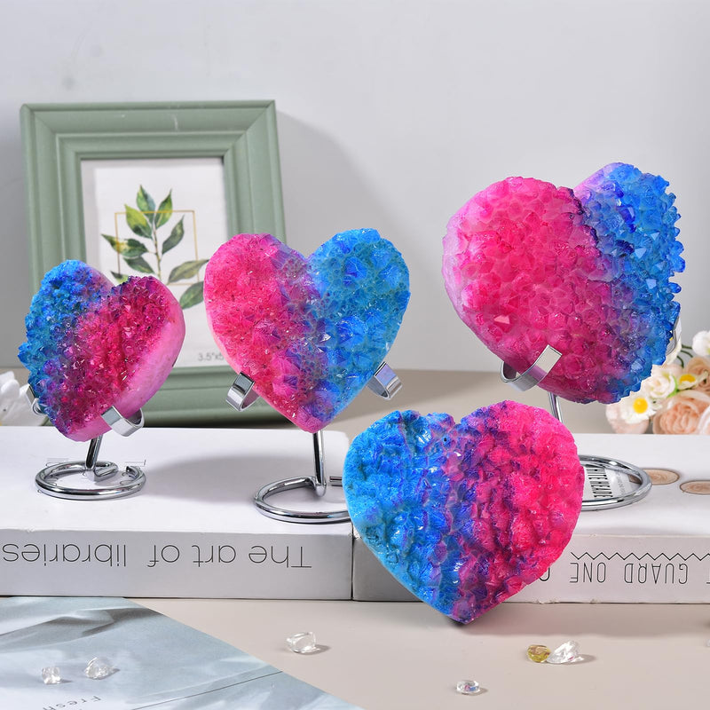 JIC Gem Big Titanium Coated Heart Shape Crystal Cluster Geode Red Blue Crystal Cluster Rock Geode Heart Gemstones with Stand Energy Balance Reiki Wicca Decor 3.93-4.33 inch