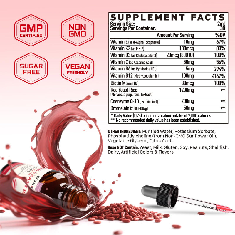 [Australia] - Liposomal Red Yeast Rice with Coq10 Liquid Drops, Red Rice Yeast for Cholesterol Health, Immune & Heart Support, with Biotin, Bromelain & Vitamins, 2 FL OZ 