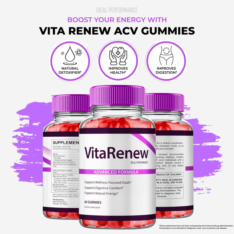 VitaRenew Advanced Gummies for Skin Health, VitaRenew Gummies for Skin Health - Maximum Strength, Keto+ ACV Gummys, All Natural Support Formula Keto+ACV, Vita Renew Gummy Reviews (1 Pack)