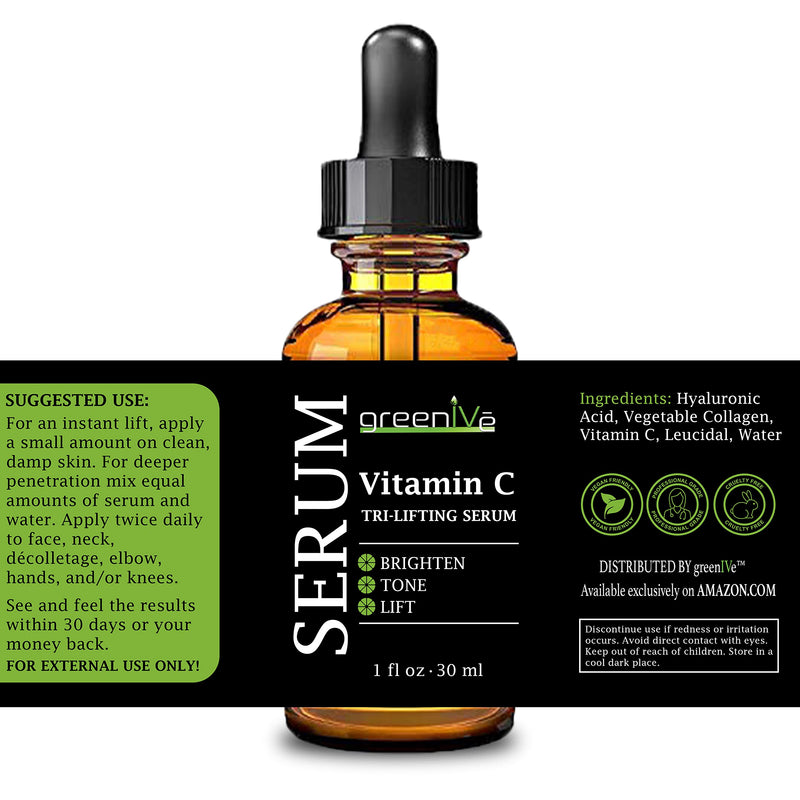 GreenIVe Vitamin C Serum for Face with Hyaluronic Acid & Vegetable Collagen - Tri-Lifting Hydrating Facial Serum - Brightening Skin Care for Glowing Complexion - Vegan & Cruelty Free - 1 fl oz 1 Fl Oz (Pack of 1)