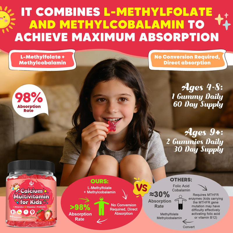 Sugar Free Calcium Multivitamin Gummies for Kids with Methyl B12 & Methylfolate, Calcium, Vitamins C, D, A, B1, B2, B6, Biotin, Magnesium, Zinc, with Nutritional, Immune, Bone Support, 60 Ct 60 Count (Pack of 1)