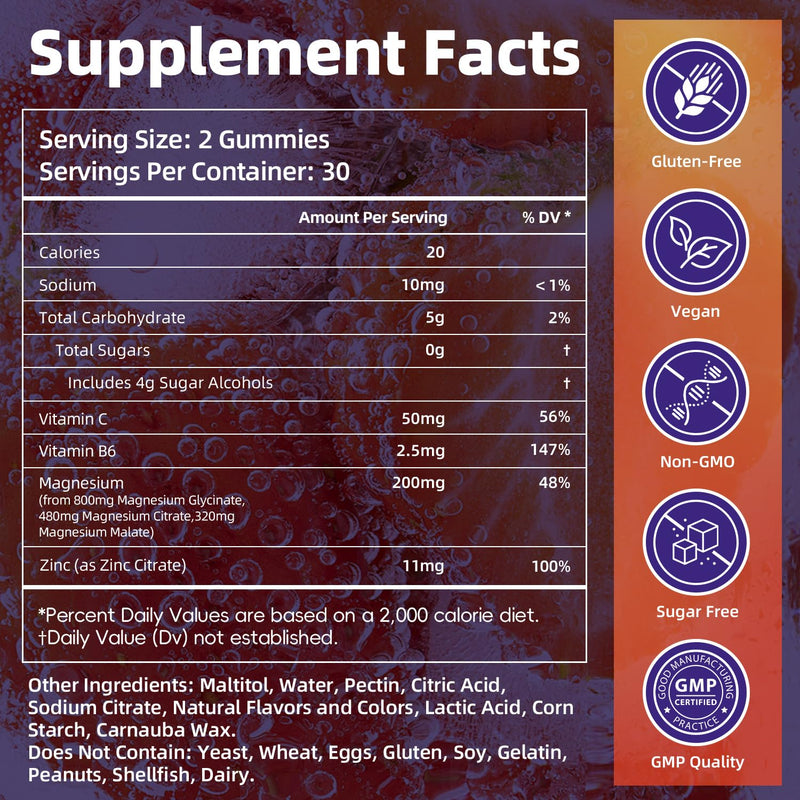 Magnesium Glycinate Gummies, 120 Count | Sugar Free Magnesium Glycinate, Citrate, Malate Blend Gummies for Adults with Vitamin C, B6, Zinc, Vegan