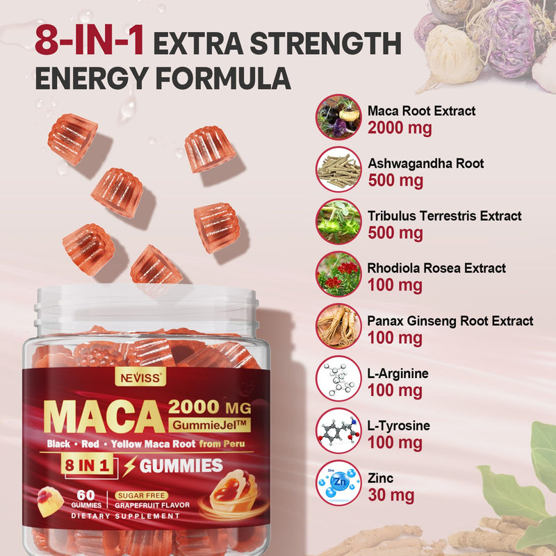 [Australia] - 2 Pack Sugar Free Maca Root Gummies 2000mg with Ashwagandha, Tribulus Terrestris, Rhodiola, Panax Ginseng, L Arginine & L Tyrosine - Organic Black Red Yellow Maca Root for Women Men Energy Support 120 Count (Pack of 2) 