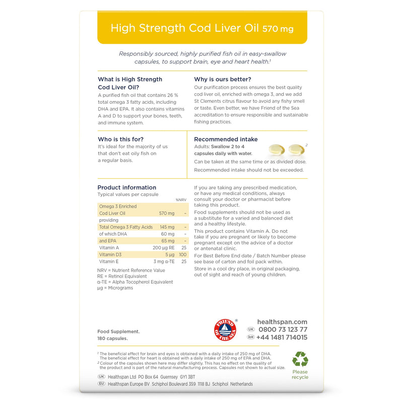 Healthspan Cod Liver Oil 570mg | Support Your Brain, Heart, Eyes & Bones | 150mg Omega 3 Fatty acids per Capsule (360 Capsules)