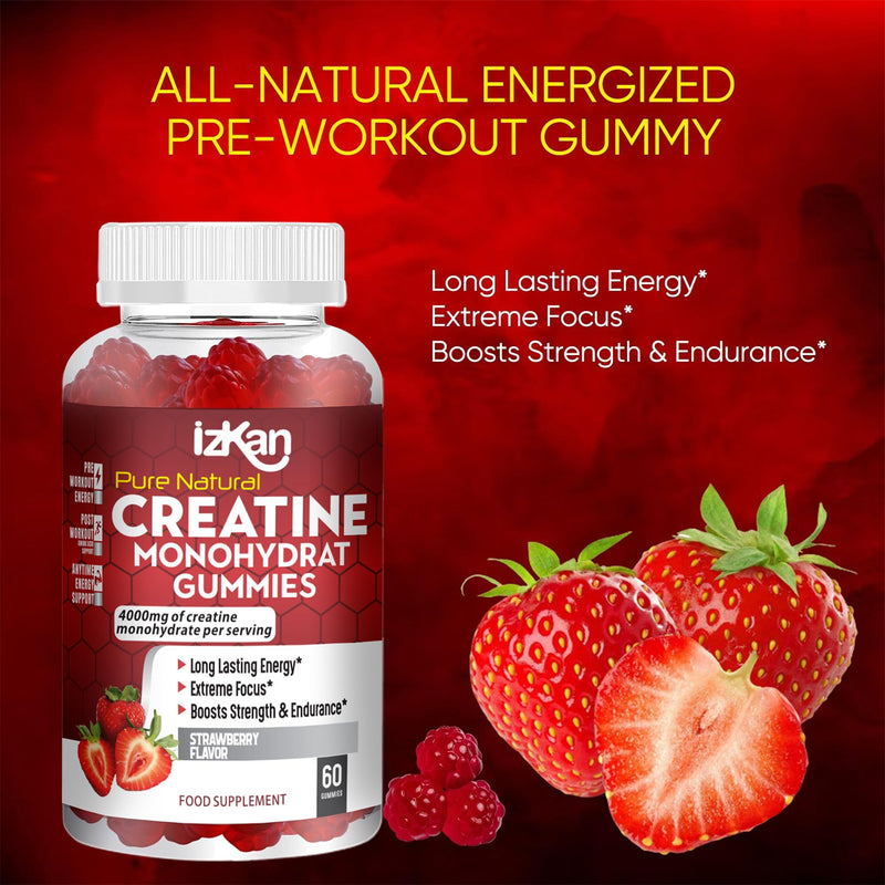 Creatine Monohydrate Gummies 4000mg for Men & Women - 60 Chewable Creatine Gummies Strawberry Flavoured Creatine | Pre Workout Gym Supplement| Vegan | (1 Months Supply) (1) 1