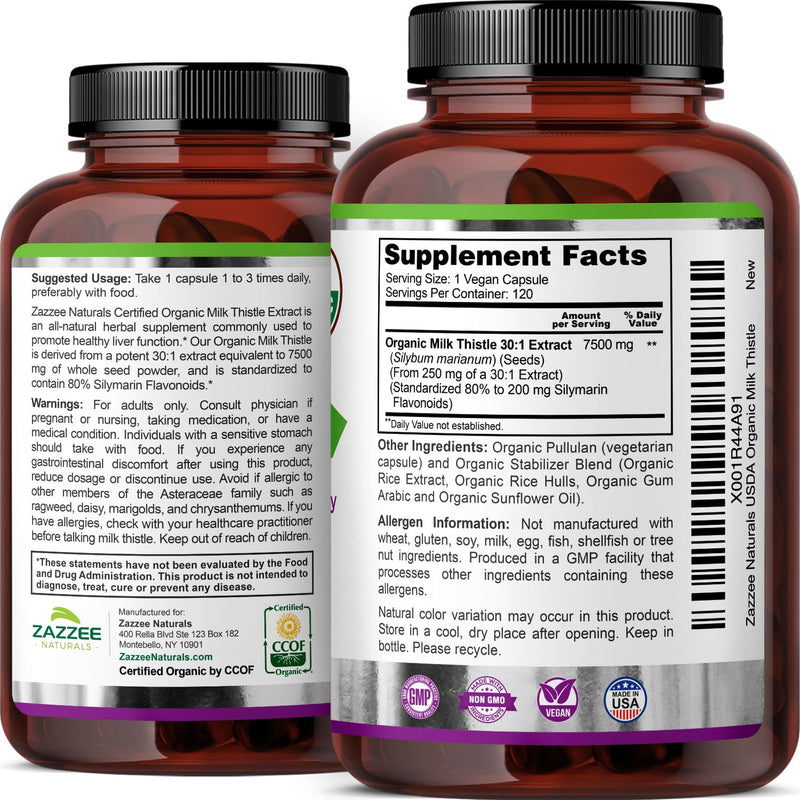 [Australia] - Zazzee USDA Organic Milk Thistle 30:1 Extract, 7500 mg Strength, 120 Vegan Capsules, 80% Silymarin Flavonoids, Standardized and Concentrated 30X Extract, 100% Vegetarian, All-Natural and Non-GMO 