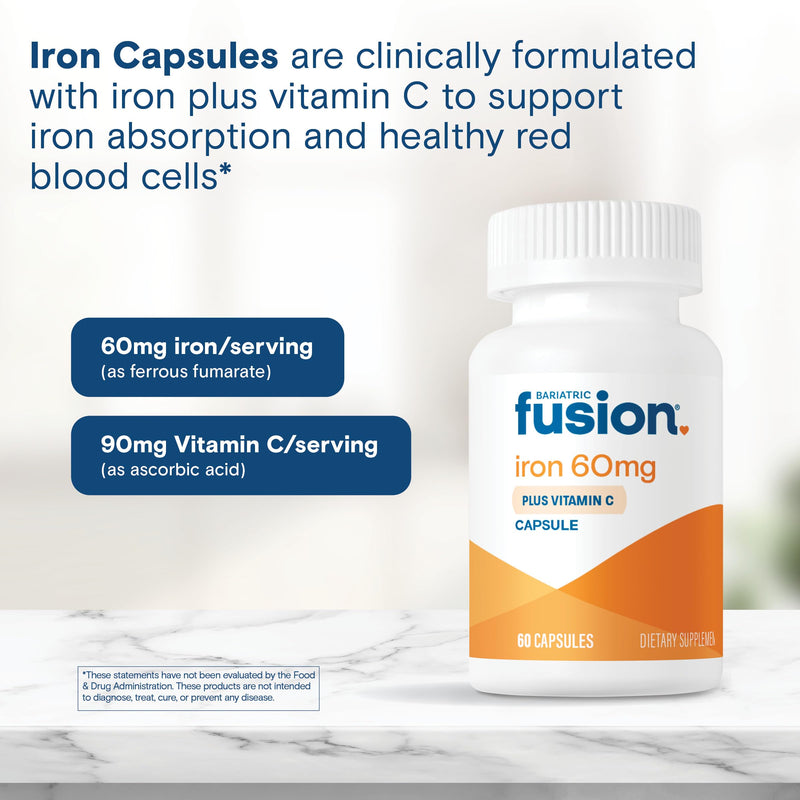 Bariatric Fusion Iron Supplement 60mg with Vitamin C | Easy to Swallow Capsule | Ferrous Fumarate Vitamins for Women and Men | Gluten, Dairy and Soy Free | Non-GMO | 60 Count Unflavored 60mg