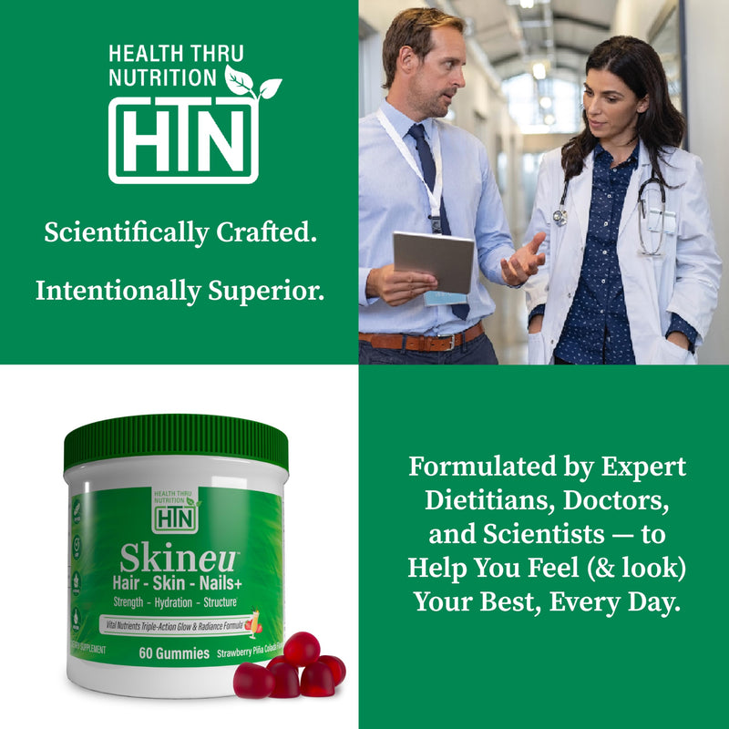 Health Thru Nutrition Skineu Hair, Skin & Nails+ Gummies | Biotin 5000mcg, Hyaluronic Acid, Retinyl Palmitate | Beauty Support - Strength & Hydration | Strawberry Piña Colada Flavor | 60 Gummies