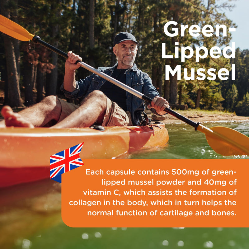 Healthspan Green Lipped Mussel (120 Capsules) | for Bone & Cartilage Support | Added Vitamin C | 500mg Responsibly Sourced New Zealand Green Lipped Mussel Powder