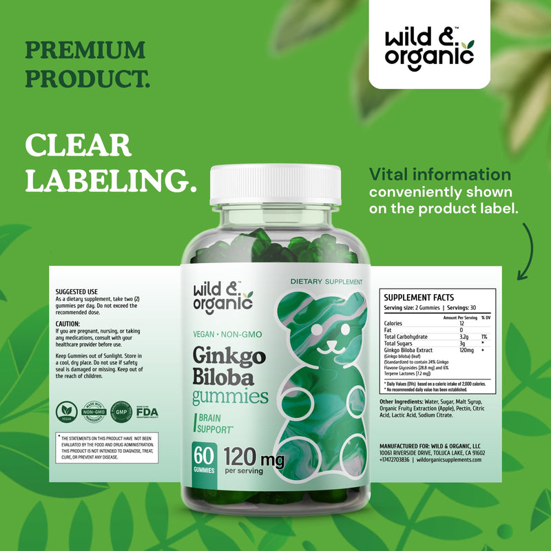 [Australia] - Wild & Organic Ginkgo Biloba Gummies 120mg - Brain Supplement Gummy for Mood & Focus - Energy Herbal Supplements - Vegan Non-GMO - 60 Chews 