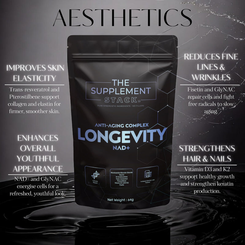 Longevity - Anti-Aging NAD+ Supplement with Nicotinamide Riboside, Glycine, NAC, Trans-Resveratrol, Pterostilbene, Fisetin & Vitamin D3/K2 for Cellular Health, Energy, and Vitality – Premium Formula