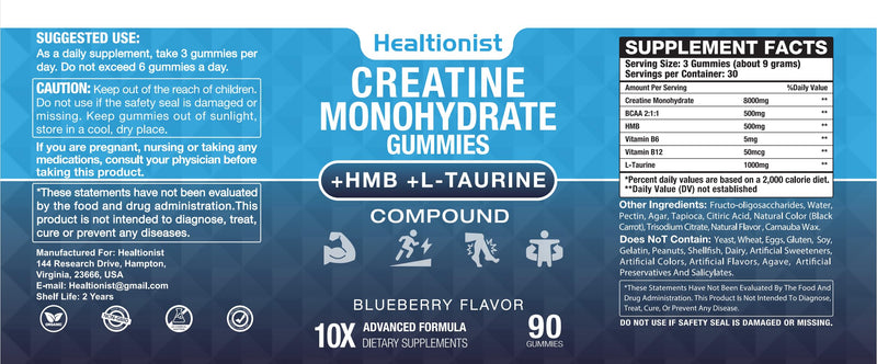 2 Pack 8000MG Creatine HMB Monohydrate Gummies for Men & Women, L-Taurine & Vitamin B6 12, 180 Blueberry Flavor Counts Supplement Gummies (60-Day Supply)