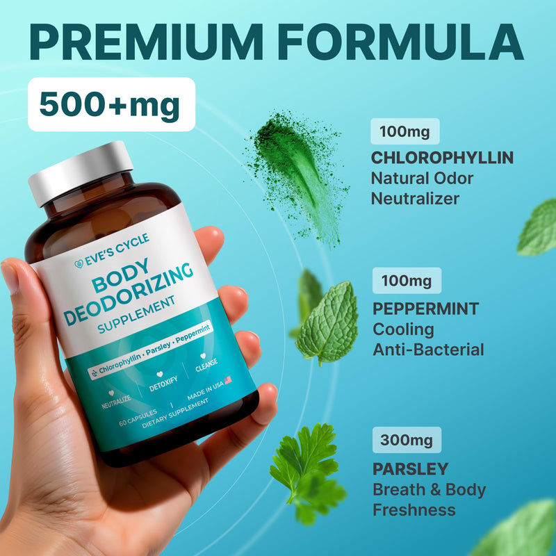 [Australia] - Body Deodorizing Supplement ‚Äì Natural Internal Deodorant Chlorophyll Capsules with Chlorophyllin, Parsley & Peppermint ‚Äì 60 Vegan 500mg+ Chlorophyll Pills ‚Äì Daily Detox & Cleanse Support ‚Äì Made in USA 