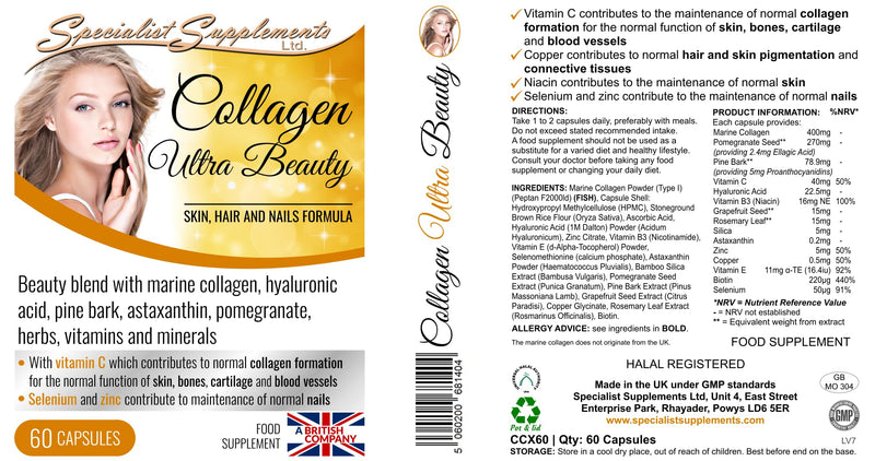 Collagen Ultra Beauty Marine Collagen, Herbal and Nutrient Complex, 60 Capsules