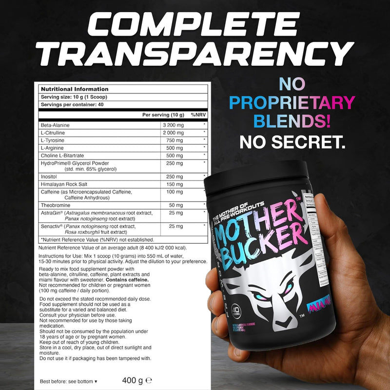 Bucked Up Mother Bucker Pre-Workout Powder | Caffeine, Energy & Endurance Blend | Sugar Free, Keto Friendly | No Proprietary Blends | Miami Flavour | 40 Servings
