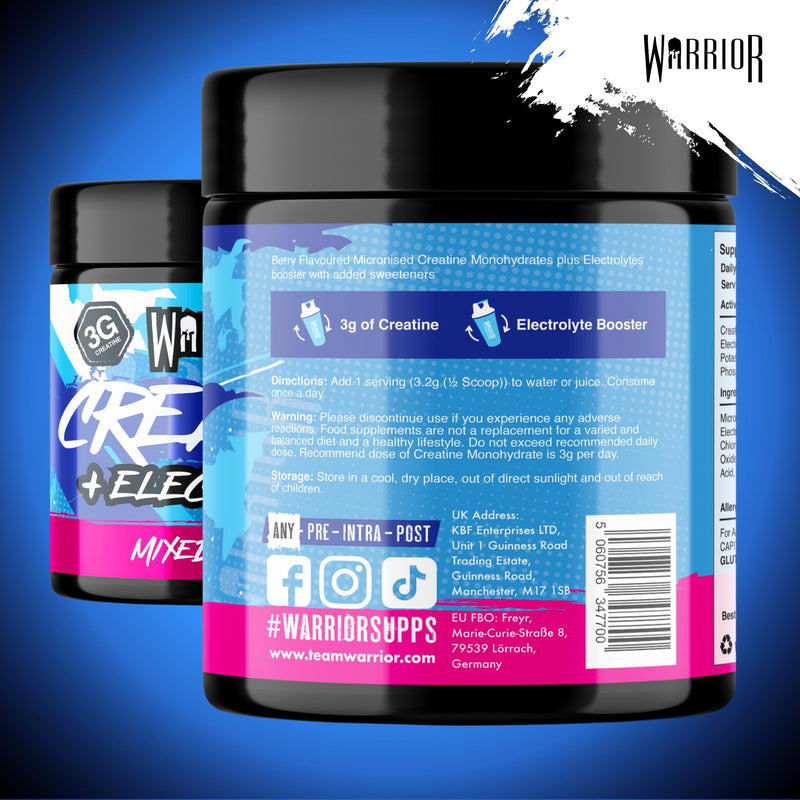 Warrior Creatine Monohydrate + Electrolytes 360g (112 Servings) – Creatine & Electrolyte Powder Drink – Micronised Creatine Powder for Strength, Performance & Hydration – Mixed Berry | 112 Servings, Micronised Creatine Powder, For Strength, Performance...
