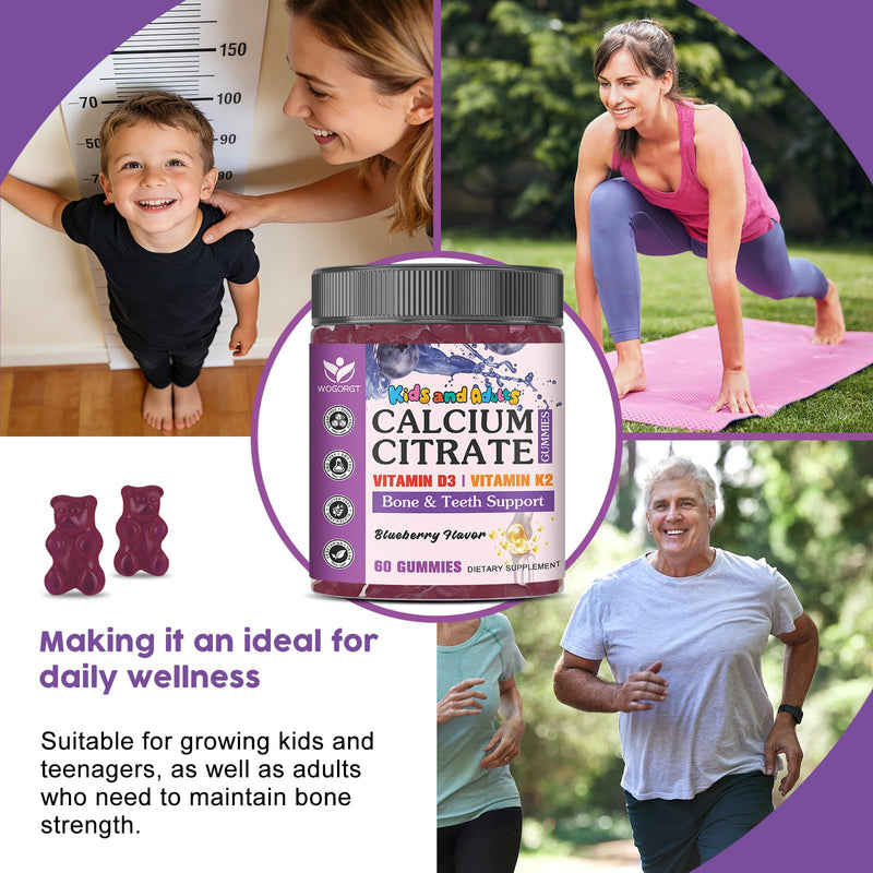 Calcium Citrate Gummies with Vitamin D3 for Kids & Adults, Sugar Free, 60Ct | WOGORGT - Kids Calcium Citrate 600mg Gummies Supplement with Vitamin D3, K2, Bone & Immune Support, Vegan, Blueberry Flavor 60 Count (Pack of 1)
