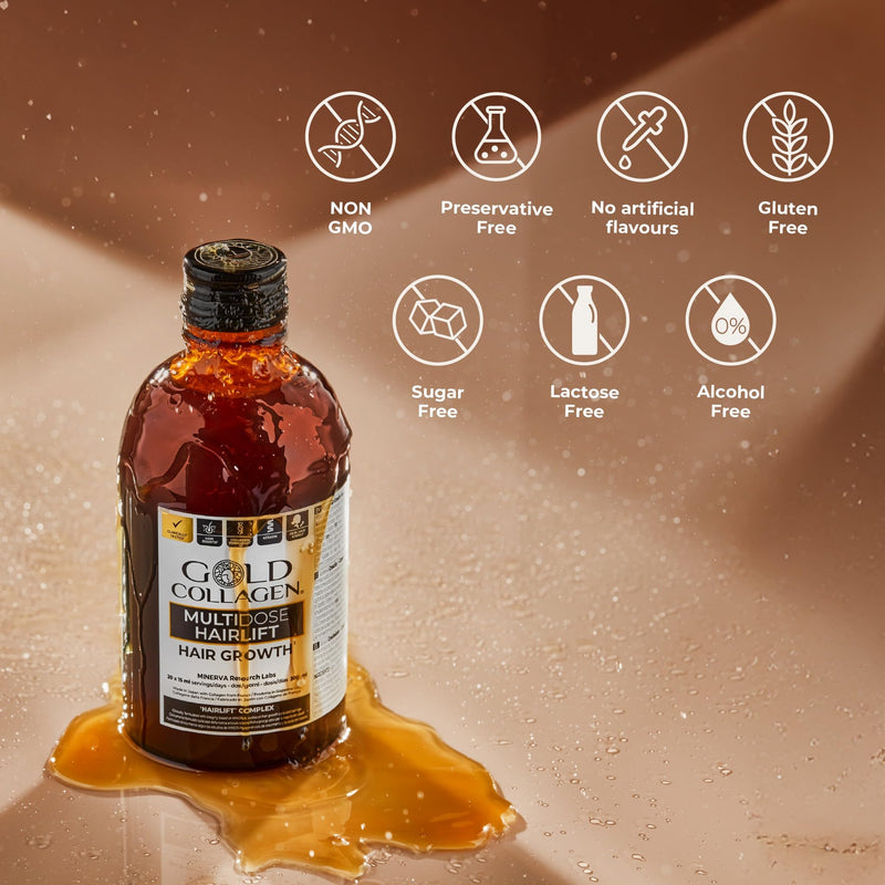 GOLD COLLAGEN Multidose Hairlift - Biotin Hair Growth Marine Collagen Supplements for Women & Men with Hyaluronic Acid, Zinc, Hair Vitamins and Keratin Hair Treatment Also for Skin and Nails, 300 ml