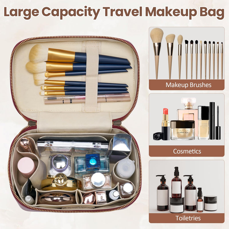 PU Leather Travel Makeup Bag Hard Cosmetic Organizer Vanity Case for Women | Water-resistant exterior wipes clean instantly. Sturdy box structure protects delicate cosmetics and glass skincare bottles Burgundy