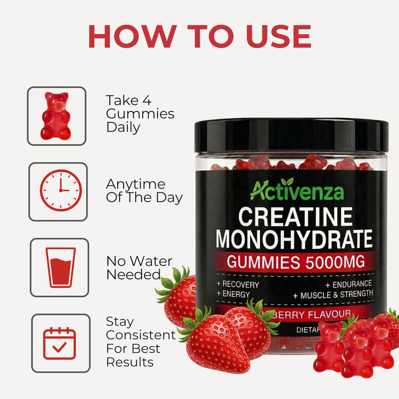 Sugar-Free Creatine Monohydrate 5000mg + L-Taurine Gummies, 120 Count, Strawberry Flavour, High-Strength Creatine Supplement for Workout & Gym Support for Men & Women