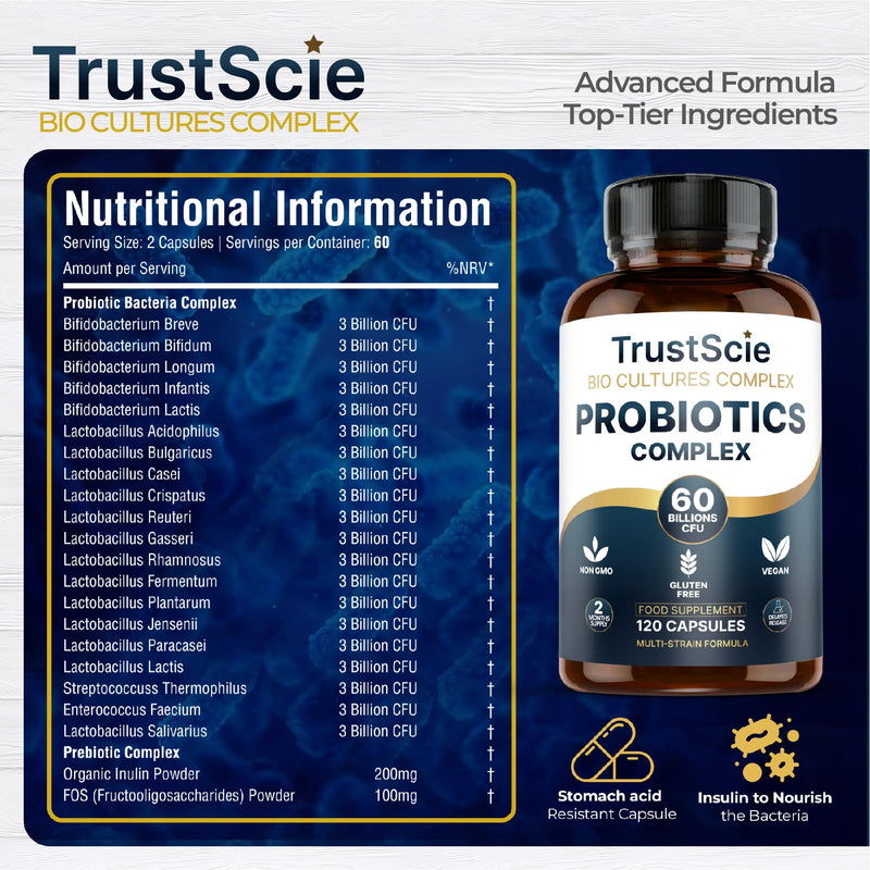 Probiotics for Gut Health & Bloating Support – 60 Billion CFU – 20 Live Cultures with Lactobacillus & Bifidobacterium – Delayed Release Capsules – 2 Month Supply
