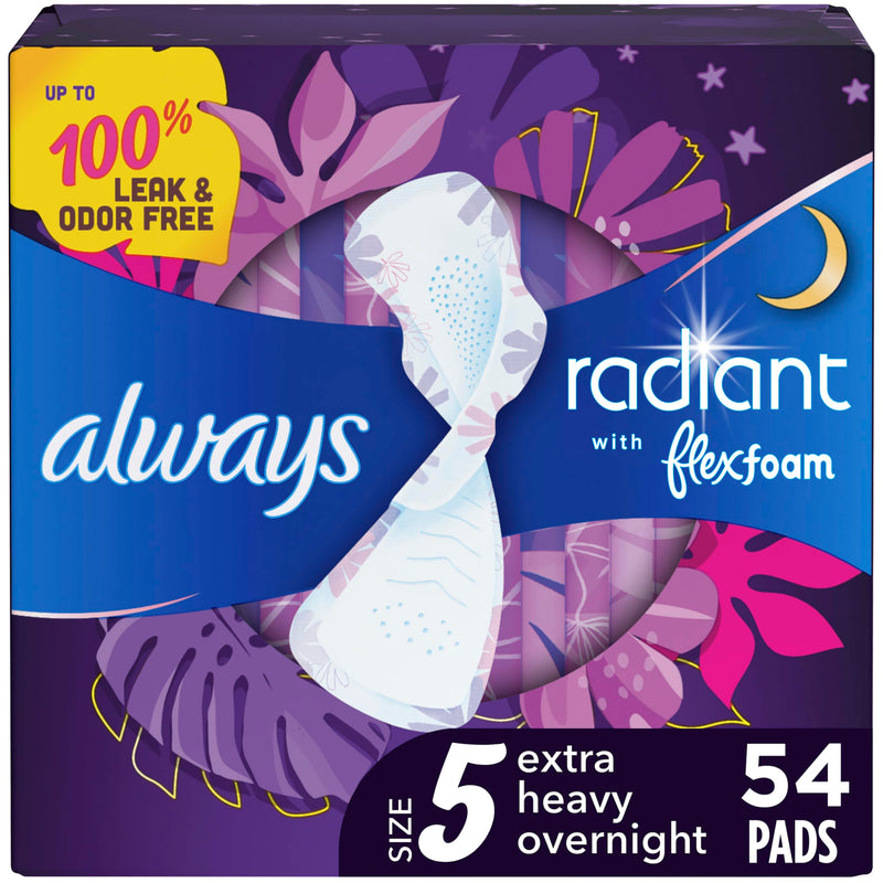 [Australia] - Always Radiant Feminine Pads for Women, Flexfoam Pads with Wings, Size 5, Extra Heavy Overnight Absorbency, Lightly Scented, 54 Count (3 Packs of 18) Extra Heavy Overnight (Size 5) 