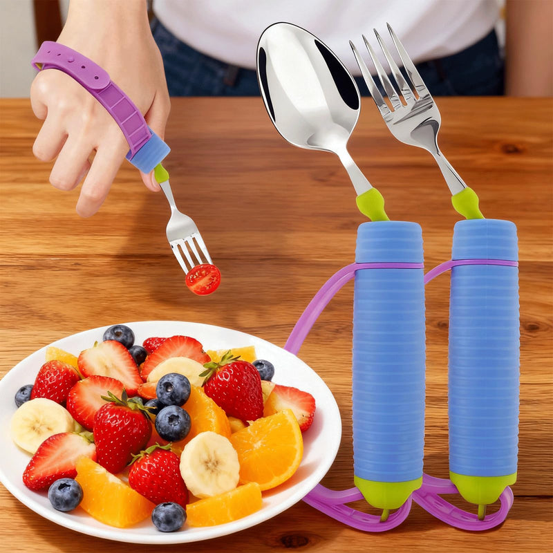 Adaptive Utensils Set - 360° Rotatable Spoon & Fork with Non-Slip Handle & Adjustable Strap, Easy Grip Cutlery for Elderly, Disabled, Arthritis & Hand Tremors