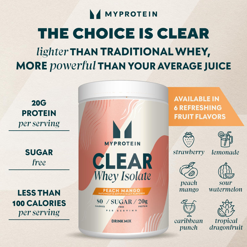 [Australia] - Myprotein Clear Whey Isolate Protein Powder, 1.1 Lb (20 Servings) Peach Mango, 20g Protein per Serving, Naturally Flavored Drink Mix, Daily Protein Intake for Superior Performance 1.1 Pound (Pack of 1) 