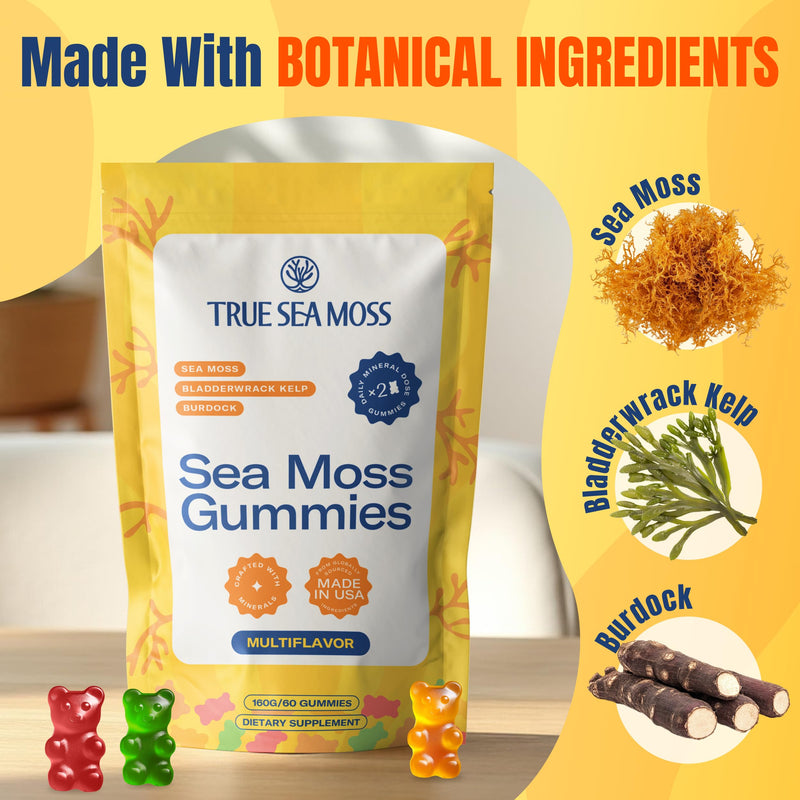 TrueSeaMoss Sea Moss Gummies with Bladderwrack & Burdock Root – Vegan Formula for Adults & Kids – Fruity Flavor – 60 Gummies (Pouch May Vary) 60 Count (Pack of 1)