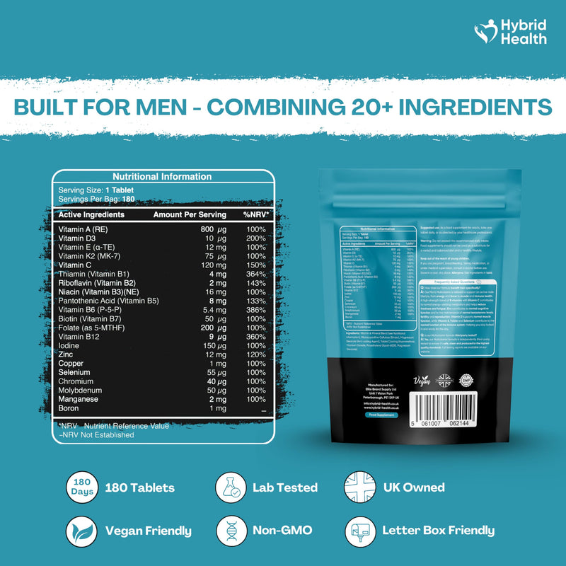 Hybrid Health Multivitamin for Men - 180 Vegan Tablets, 20+ Essential Active Vitamins and Minerals Including Vitamin C, Vitamin D, Vitamin K and Full Vitamin B-Complex, 180 Servings, 6 Months Supply
