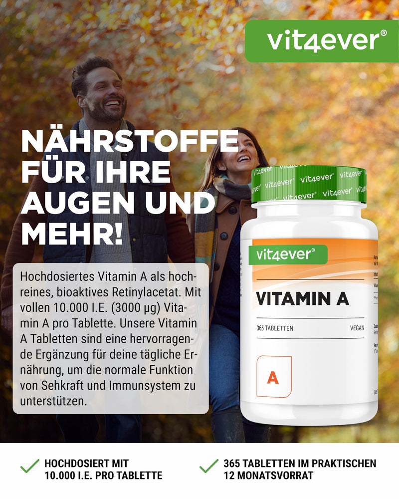[Australia] - Vitamin A - 10,000 IU (3000 µg) - 365 tablets - Alternative to capsules - High-dose retinyl acetate - Without unwanted additives - Eyes, skin, immune system - Vegan 