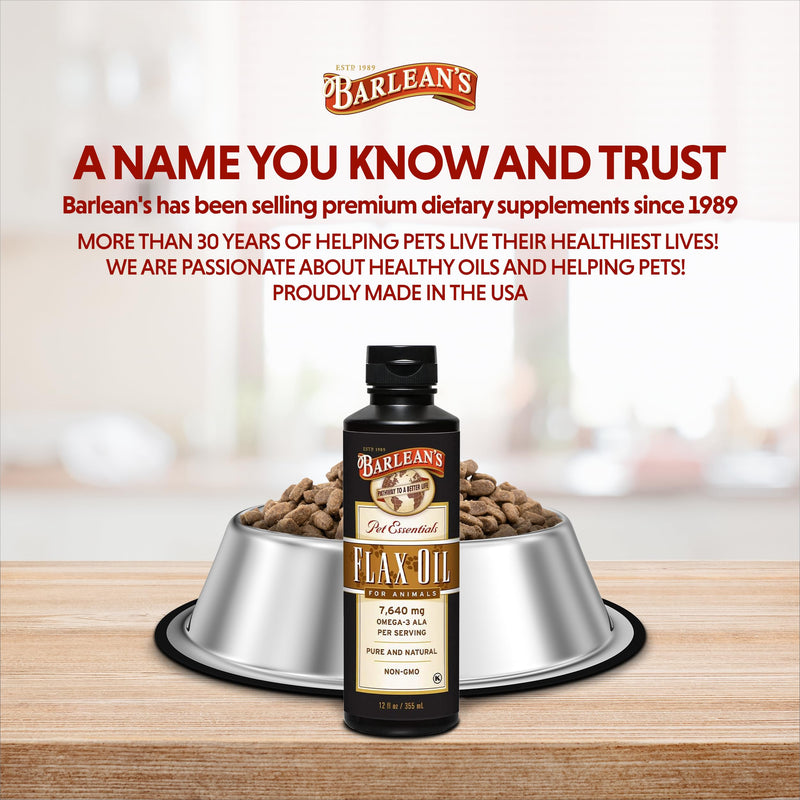 [Australia] - Barlean's Flaxseed Oil for Animals, Pet Essential Liquid Omega 3 Fatty Acids Cat and Dog Oil Supplements for Skin and Coat, Omega 3 for Dogs, Cats and Other Pets, 12 oz 