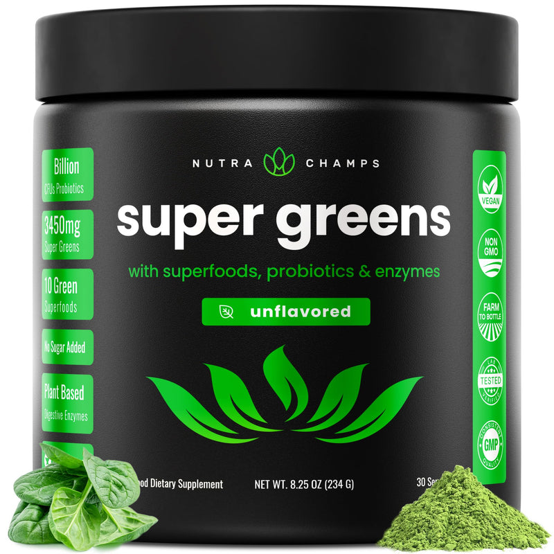 [Australia] - NutraChamps Super Greens Powder Premium Superfood | 20+ Organic Green Veggie Whole Foods | Wheat Grass, Spirulina, Chlorella | Antioxidant, Digestive Enzyme & Probiotic Blends (9.0 Oz, Unflavored) 9 Ounce (Pack of 1) 